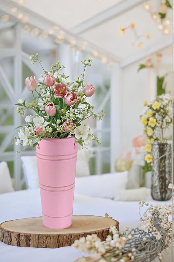 9 Inch Galvanized Metal Vases for Flowers - 6 Pcs Farmhouse Decorative Tall Flower Bucket with Handles, Rustic French Tin Planter Buckets for Wedding Decor (Pink)
