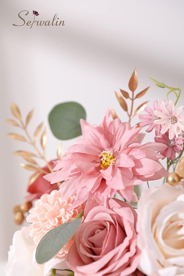 Serwalin Artificial Flowers Wedding Pink Flowers Silk Fake Dahlia Cake Flowers for Wedding Bouquets Table Centerpieces Birthday Party Bridal Baby Shower Home Decorations