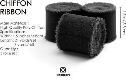 Vitalizart Black Handmade Chiffon Silk Ribbon Fringe 3 Rolls 1.5" x 21 Yd Frayed Edges Ribbons for Wedding Invitations Bridal Bouquets Gifts Wrapping Crafts Holiday Decor