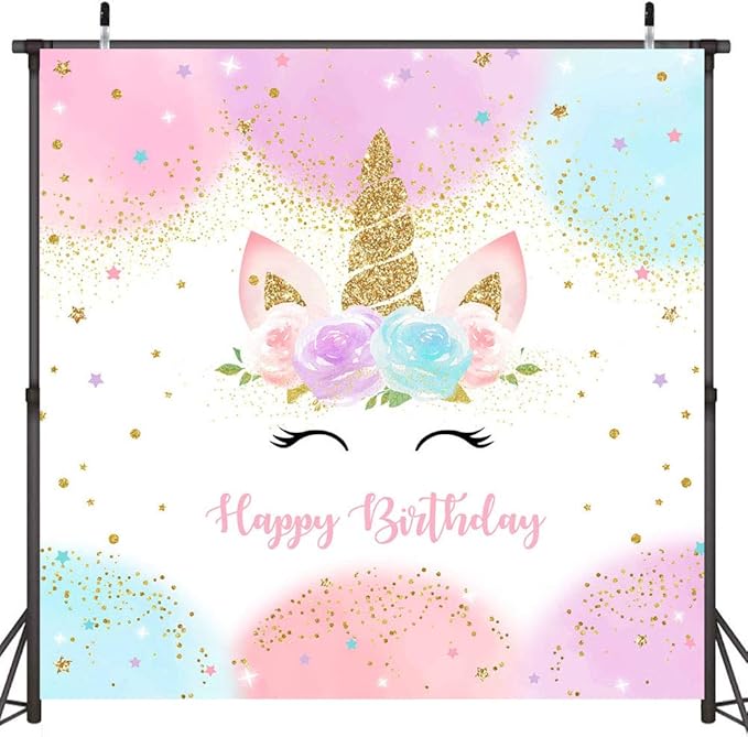 Mocsicka Unicorn Birthday Decorations Unicorn Backdrop for Girls Birthday Party 8x8ft Pastel Rainbow Unicorn Glitter Stars Dots Happy Birthday Banner Photo Booth Props