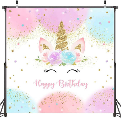 Mocsicka Unicorn Birthday Decorations Unicorn Backdrop for Girls Birthday Party 6x6ft Pastel Rainbow Unicorn Glitter Stars Dots Happy Birthday Banner Photo Booth Props