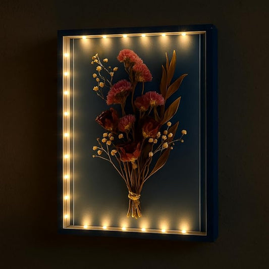 Dried Flowers Shadow Box with LED Light Dimmable Changeable Pictures Display Frame Wall-mounted & Tabletop Photo Album Display (Indigo)