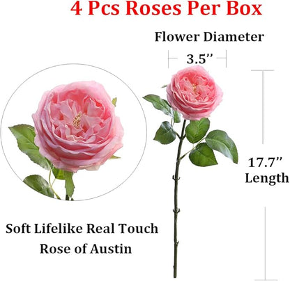 YalzoneMet 3.5'' Big Bloom Rose Artificial Flowers Pink 4Pcs Real Touch Rose Faux 17.7 Inch Long Stem Austen Roses Peonies Fake Flowers for Home Kitchen Party Christmas Flower Wedding Decor
