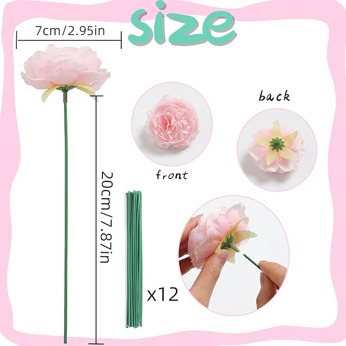 12 PCS Artificial Silk Pink Peony Flowers with Stems - 8 Inch Fake Peony Bouquet for Wedding, Home Decor, Office Table, Festival Gifts
