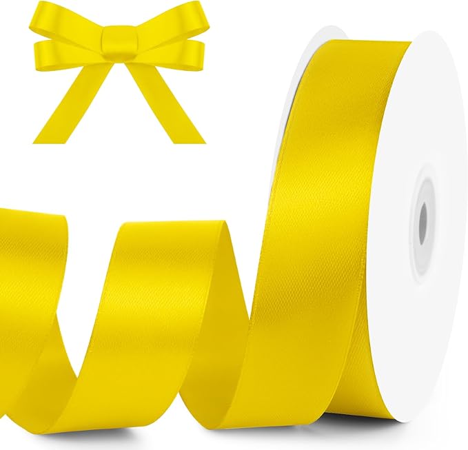 KMER LIFE 1 inch Wide x 50 Yards Yellow Single Faced Polyester Satin Ribbon, Yellow Satin Ribbon Perfect for Wedding Decor, Wreath, Crafts, Gift Wrapping & Other Projects (Yellow)