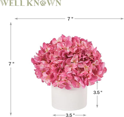 Hydrangea Fake Flowers in Vase, Artificial Flowers with Ceramic Vase Small Faux Potted Floral Arrangements for Bathroom Home Desk Kitchen Counter Vanity Shelf Coffee Table Centerpiece Decor (Hot Pink)