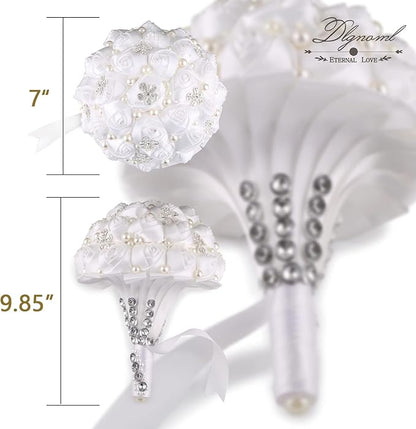 Handmade Wedding Flowers Bridal Bouquets Crystal Bride Holding Bouquet White Ivory Satin Roses with Diamond Pearl Ribbon.(allwhite)