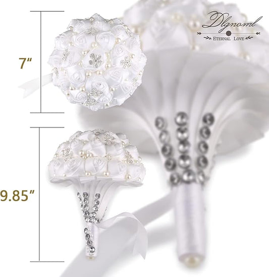 Handmade Wedding Flowers Bridal Bouquets Crystal Bride Holding Bouquet White Ivory Satin Roses with Diamond Pearl Ribbon.(allwhite)