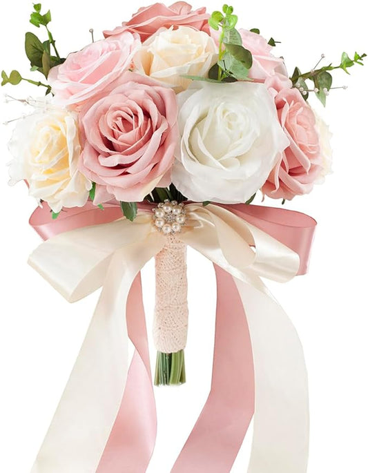 Pink & Champage Wedding Bouquets for Bride Bridesmaids, Bridal Bouquet for Wedding Silk Artificial Flowers