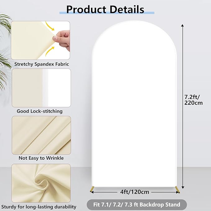 Hemmotop 7.2 ft Arch Backdrop Cover (One Piece Double Color), White and Beige Spandex Arch Stand Covers, Fabric Stretchy Background for Balloon Arches, Wedding, Birthday Party, Baby Shower