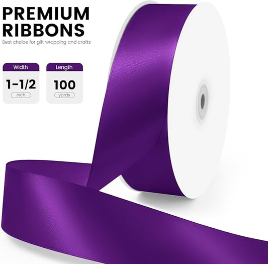 1-1/2" x 100 Yards Satin Ribbon - Wide Silk Purple Ribbon with Spool - Ideal for Gift Wrapping, Floral Bouquets, Crafts, Wedding Party Decorations, Christmas and Sewing Projects
