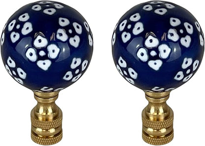 Royal Designs, Inc. Blue/White Porcelain Ball Ornament Design Finial for Lamp Shade, Polished Brass, Pack of 2
