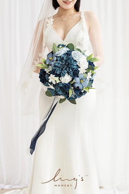 Ling's moment Navy Blue Bridal Bouquet for Bride, Blue Wedding Bouquets for Bride, 13 Inch Silk Round Artificial Wedding Flowers Bouquets