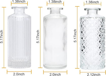 Brajttt Glass Bud Vase Set in Bulk, 9pcs Mini Vintage Flower Vases for Wedding, Clear Relief Vase for Centerpieces,Home Table Flower Decor, Party Decorations