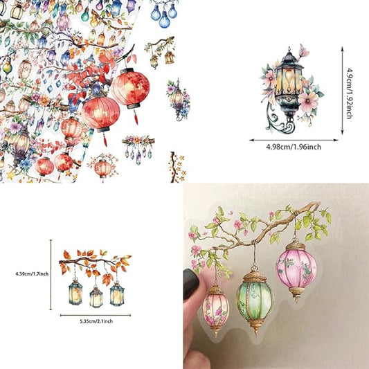 50PCS Watercolor String Light Stickers - Transparent PET Waterproof Lantern Decals for DIY Crafts, Journals, Bottles, Phone Cases