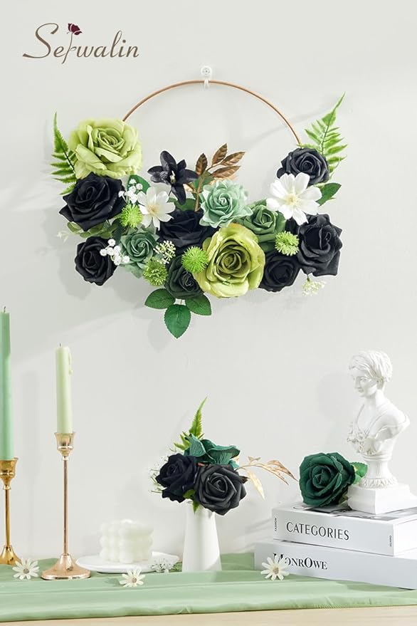 Serwalin Green Artificial Flowers, Black Silk Fake Flowers Greenery Stems for DIY Wedding Bridal Bouquets, Wedding Cake Flowers for Table Centerpieces Baby Shower Birthday Party Home Decorations