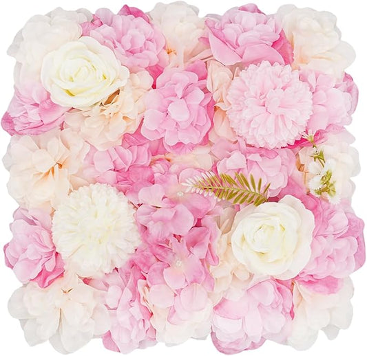 Artificial Flower Wall Panels, 6PCS Dahlia+Rose+Hydrangea Wedding Flower Wall, 3D Floral Panels Artificial Floral WallMat Flower Screen for Photo Party Wedding WallBackground Decor, White+Pink