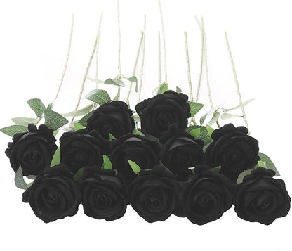 12Pcs Black Roses Artificial Flowers Fake Roses Faux Velvet Silk Flower for Home Wedding Decoration (Pearl Rose, Black)
