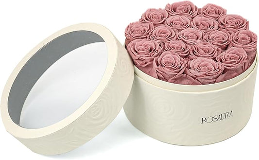 Rosaura Round Preserved Roses Gift Box - Real Forever Flowers for Birthday, Valentine's & Mother's Day (Cappuccino, 17 Roses)