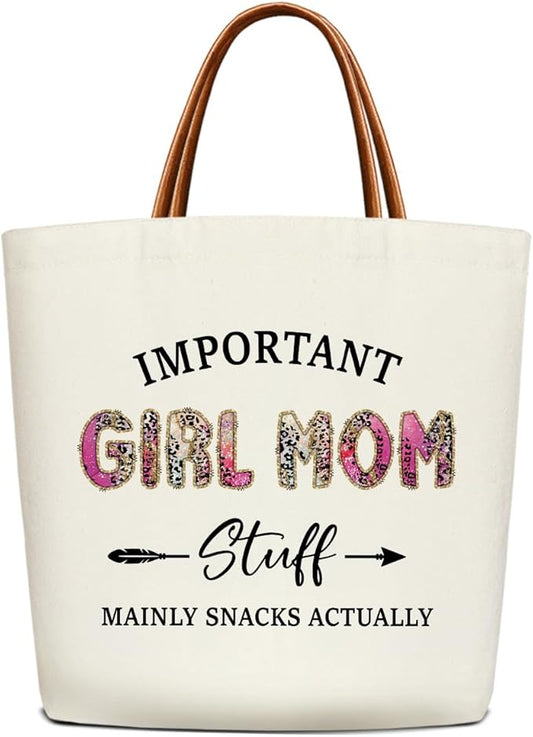 Canvas Tote Bag for Women, Important Stuff Bag with Leather Handle, Reusable Grocery Bags for Shopping Beach Travel