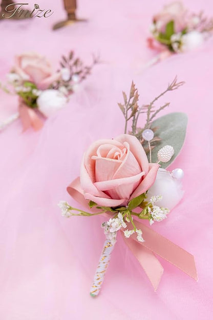 Fnize Pink Boutonniere for Men, 6 Pcs Groom Groomsmen Boutonnieres, Artificial Flowers for Wedding Prom Homecoming