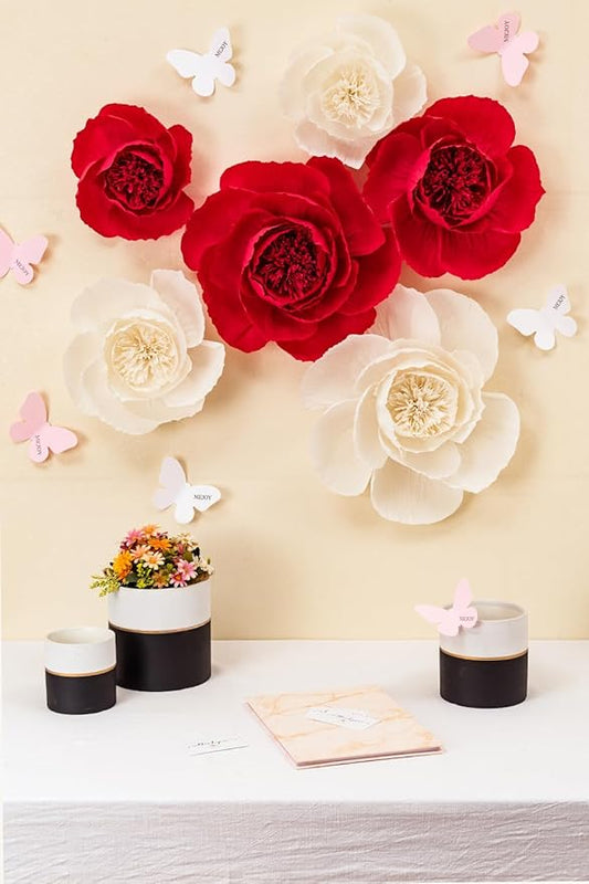 Crepe Paper Flowers Decoration for Wall, Artificial Flowers for Wedding Decor,Flower Backdrop Decor,Baby Shower,Birthday Party,Photo Backdrop,Archway Decor, Nursery Wall Decor (Red&Beige;Set/6)