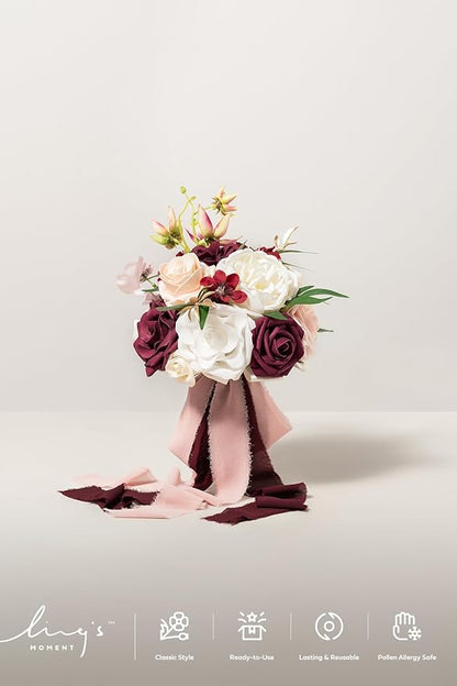 Ling's moment Artificial Flowers Marsala Red & Pink Bridesmaid Bouquet Set of 4, Wedding Flowers Bouquets for Bridesmaids, 7 Inch Bridal Bouquets for Bridesmaids, Wedding Decor, Ceremony, etc