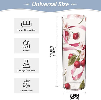 Flower Vase Clear Plastic Cylinder Vases Decor for Centerpieces Home Storage Office Weddings Pink Floral Cherries and Ribbons 11.8 x 3.9 in