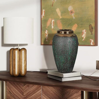 Ceramic Flower Vase, 12" Rustic Farmhouse Flower Vase with Wide Bronze Mounth, Vintage Tall Terracotta Vase for Home Office Resto Café Decoration