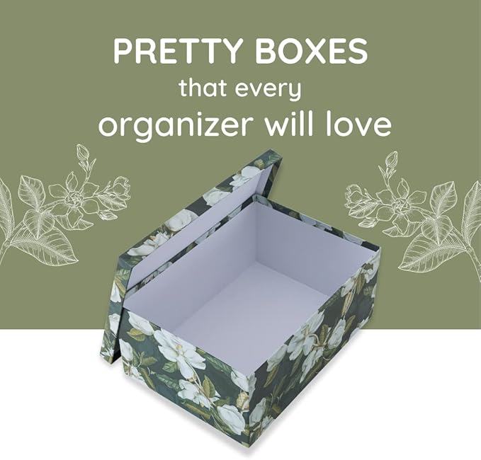 Soul & Lane Decorative Storage Cardboard Boxes with Lids | Midnight Gardenia - Set of 3 | Black Dramatic Paperboard Nesting Boxes