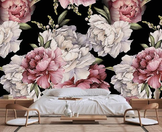 Dark Background Watercolor Peony Seamless Floral Wallpaper, Large Art Background Wall Mural for Decorated Bedroom and Living Room(Non-self-Adhesive)