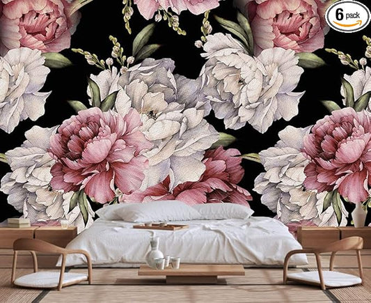 Dark Background Watercolor Peony Seamless Floral Wallpaper, Large Art Background Wall Mural for Decorated Bedroom and Living Room(Non-self-Adhesive)