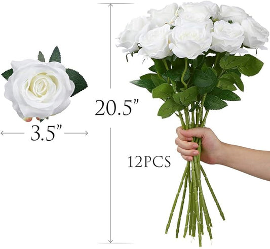 Mocoosy 12 PCS White Rose Artificial Flowers, Fake Roses with Long Stem Realistic Silk Rose Bouquets Wedding Centerpiece Decorations Faux Floral Arrangement Bridal Shower Party Home Office Table Decor