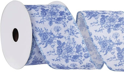 Blue Floral Wired Ribbon 2.5 Inch Vintage Flower Chinoiserie Printed Fabric Ribbon for DIY Crafts Wreath Bow Making, 15 Yards