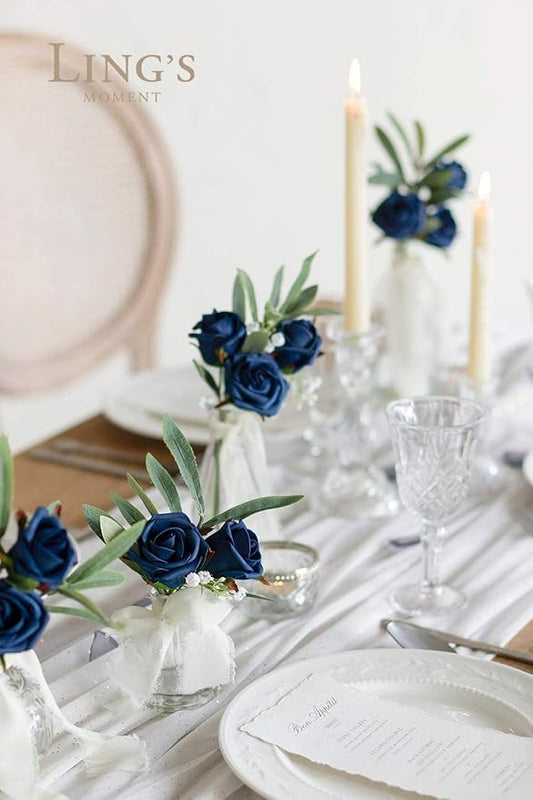 Ling's moment Artificial Rose Buds and Petite Roses w/Stem Pack of 24 for DIY Wedding Bouquets Centerpieces Decorations Boutonniere Corsages (Navy Blue)