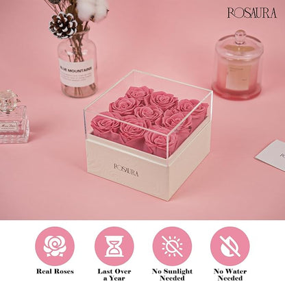 Rosaura Square Preserved Roses Gift Box - Real Forever Flowers in Clear Acrylic Lid, Christmas, Valentine's for Women (Pink, 9 Roses)