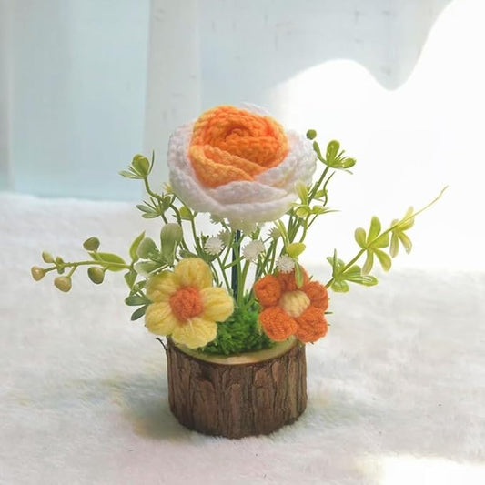 Handmade Crochet Rose Bouquet Knitted Creative Potted Plant Cute Home Desktop Decorations and Gifts for Friends, Lovers, Classmates (Yellow Roses)