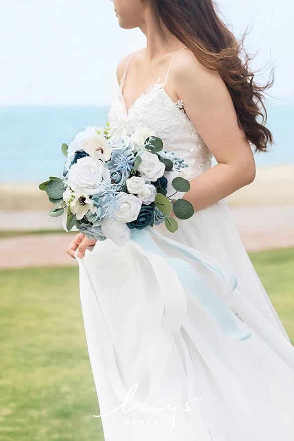 Ling's moment Wedding Artificial Flowers Package, Bridal Bouquet, Bridesmaid Bouquets, Boutonniere for Men, Rose Petals.Blue