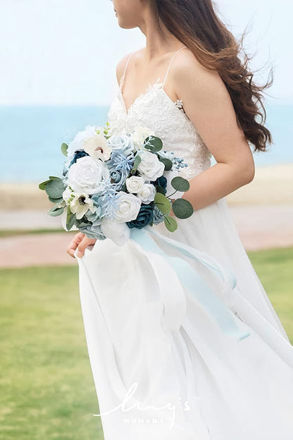 Ling's moment Dusty Blue Bridal Bouquet for Bride, Blue Wedding Bouquets for Bride, 13 Inch Silk Round Artificial Wedding Flowers Bouquets