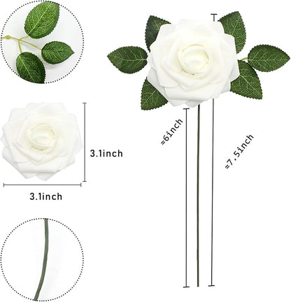 Artificial Roses Flowers 50pcs Real Looking Foam Fake Roses with Stems for DIY Wedding Bouquets Bridal Shower Centerpieces Party Decorations (50, White)