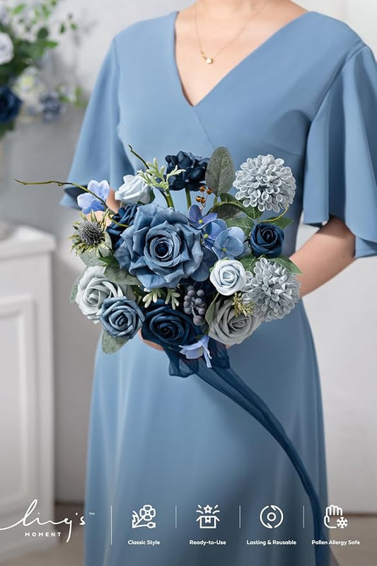 Ling's moment Blue Bridesmaid Bouquet Set of 4, Dusty Blue and Navy Blue Wedding Bouquets for Bridesmaids, 7 Inch Bridal Bouquets for Bridesmaids, Wedding, Ceremony, Anniversary