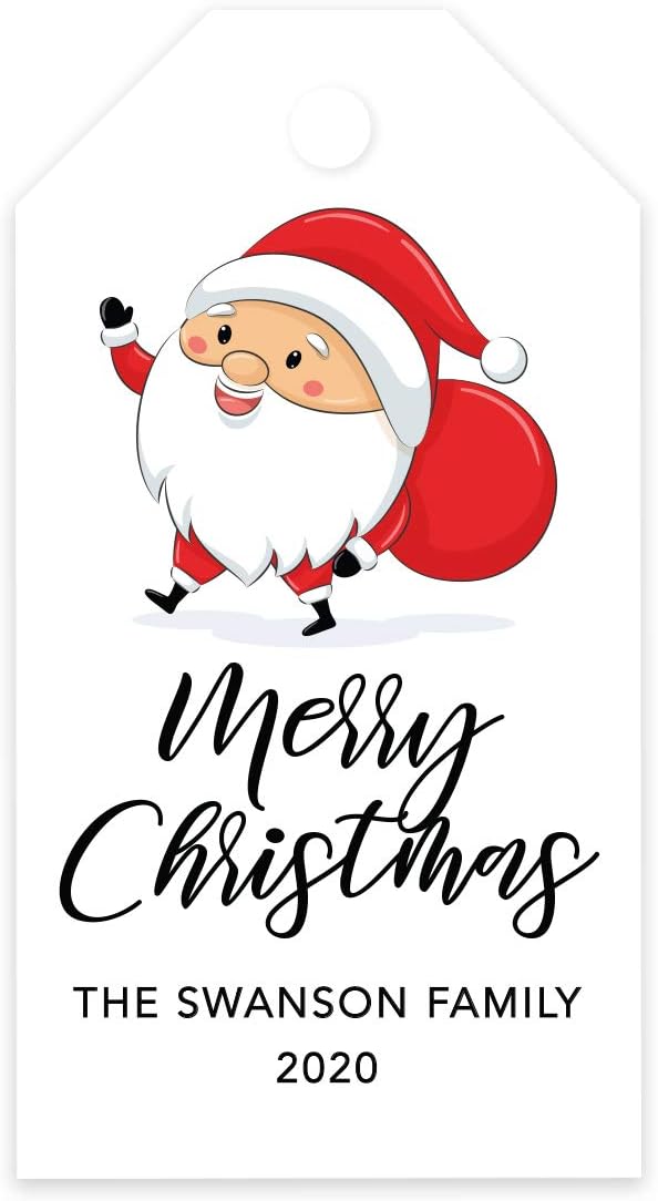 Andaz Press Personalized Christmas Holiday Season Classic Gift Tags, Merry Christmas Santa Claus with Christmas Sack Design, Custom Family Name and Year, Holiday Events, Parties, and Favors, 60-Pack