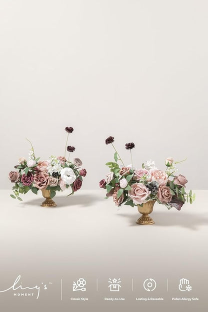 Ling's moment Dusty Rose & Mauve Artificial Flowers with Vase Wedding Decor Centerpiece Flower Potted for Ceremony Reception Tabletop Desk Flowers Mantel Archway Aisle, Fake Flowers Set of 2