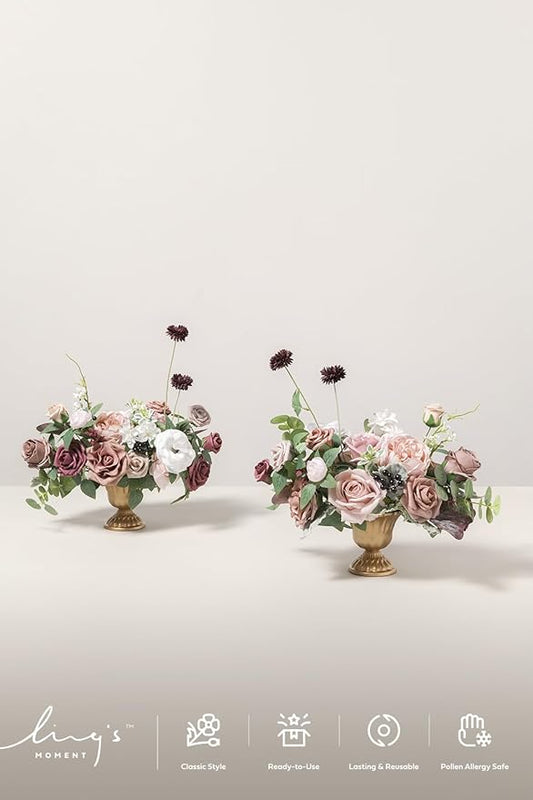 Ling's moment Dusty Rose & Mauve Artificial Flowers with Vase Wedding Decor Centerpiece Flower Potted for Ceremony Reception Tabletop Desk Flowers Mantel Archway Aisle, Fake Flowers Set of 2