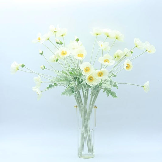 2 Pcs Artificial Fake Flowers Plants Poppies Silk Flower Arrangements Wedding Bouquets Decorations Plastic Floral Table Centerpieces for Home Kitchen Garden Party Decor Approx 23.6" High - White