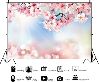 Renaiss 6x4ft Cherry Blossom Floral Backdrop Pink Flower Sunshine Bokeh Romantic Nature Scenery Photography Background for Wedding Bridal Shower Birthday Party Decor Photo Booth Props
