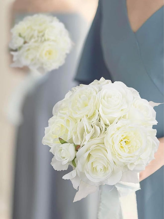 Rinlong 8.2 Inch Wedding Bouquets for Bridesmaids Bride White Rose Artificial Flowers Bridesmaids Bridal Bouquet for Wedding Prom