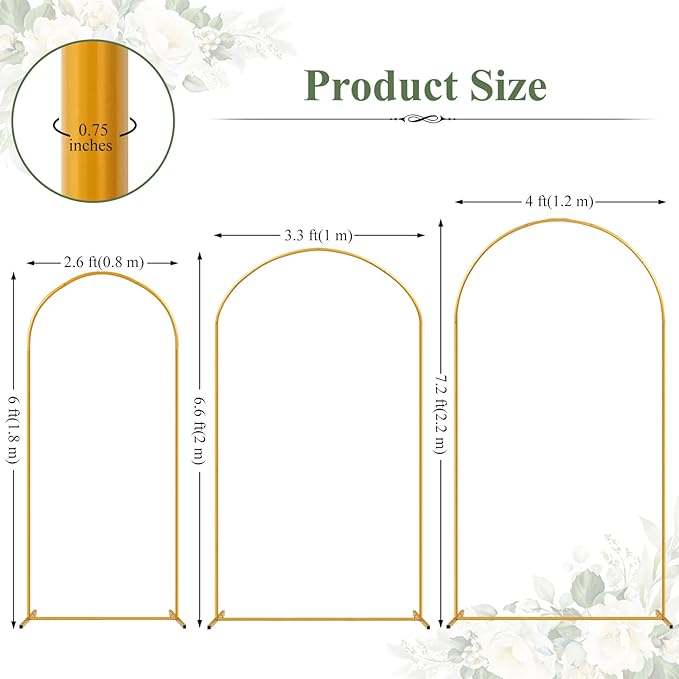 Tamodan 3 Pack Metal Wedding Arch (7.2ft+6.6ft+6ft) - Tool-Free Assembly | Photo Booth Backdrop for Outdoor Weddings, Engagement Shoots, Baby Showers, Balloon Arch (Incl. Ground Stakes)