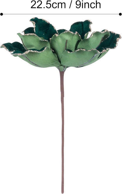 KI Store Dark Green Christmas Poinsettia Flower Set of 6 Large Artificial Velvet Magnolia Flower Picks Stems for Xmas Tree Decorations