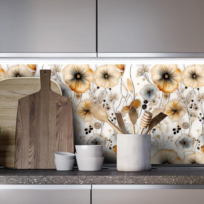 Watercolor Floral Peel and Stick Wallpaper Amber and Blue Leaf Gold Self Adhesive Removable Floral Wall Paper Renter Friendly Contact Paper for Bedroom Bathroom Walls Shelf Liner 17.71"X236.2"